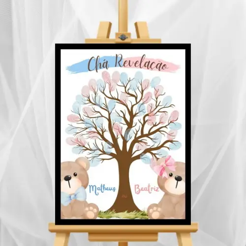 Quadro Chá Revelação Ursinhos Rosa e Azul com 2 Carimbos