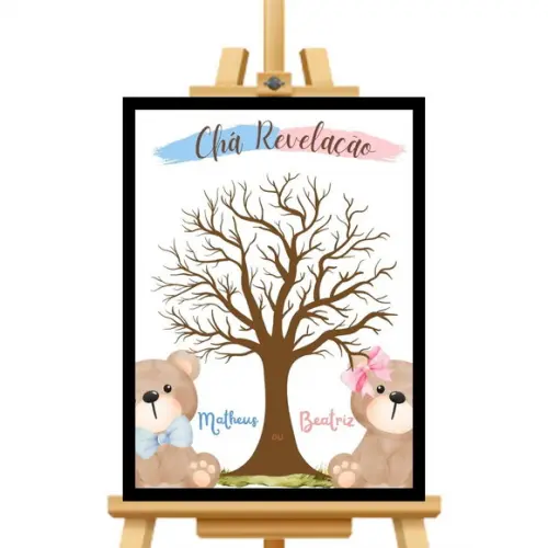 Quadro Chá Revelação Ursinhos Rosa e Azul com 2 Carimbos