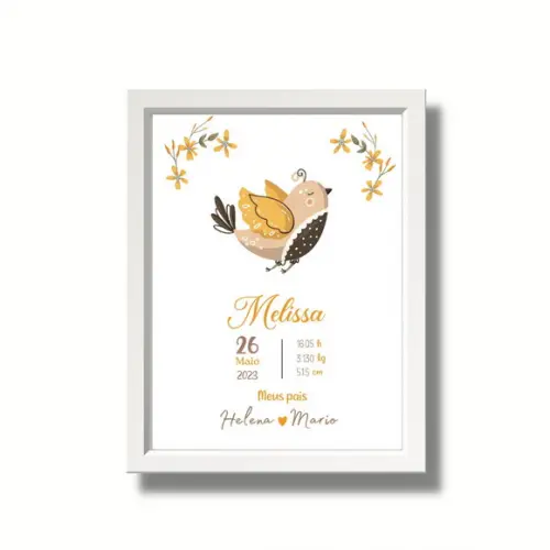 Quadro Chegada do Bebe Nascimento Menina Passaros 33x43 cm