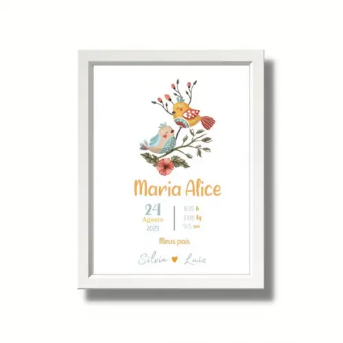 Quadro com Dados de Nascimento Maternidade Passaros 33x43cm