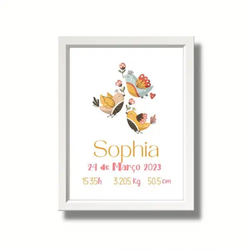 Quadro com Dados de Nascimento do Bebe Menina Pássaros 33x43