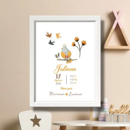 Quadro com Data de Nascimento do Bebe Menina Passaros 33x43