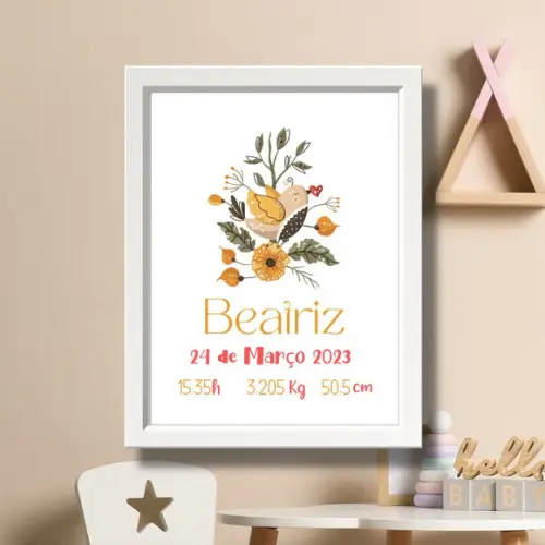 Quadro com Informações de Nascimento Menina Pássaros 33x43cm
