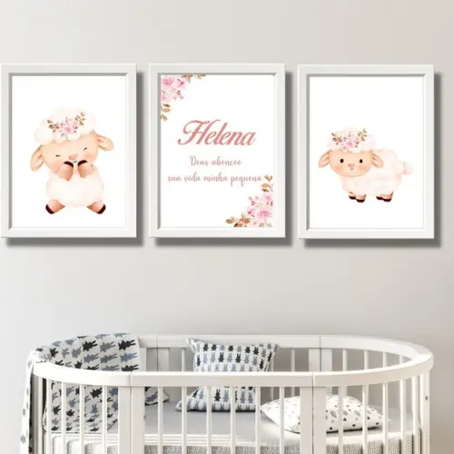 Quadro de Bebe Ovelhas com Nome Personalizado 30x40 C/vidro
