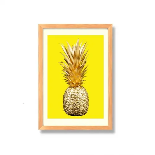 Quadro de Frutas Abacaxi Dourado Cozinha 33x43 c/ Vidro