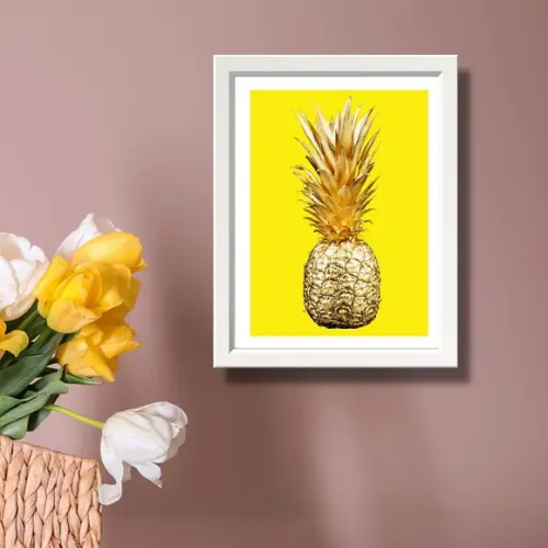 Quadro de Frutas Abacaxi Dourado Cozinha 33x43 c/ Vidro