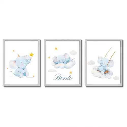 Quadro de Elefante Personalizado para Bebê com Moldura Vidro