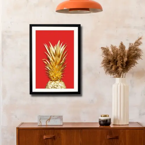 Quadro de Frutas Abacaxi Fundo Vermelho p/ Cozinha 33x43cm
