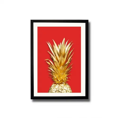 Quadro de Frutas Abacaxi Fundo Vermelho p/ Cozinha 33x43cm