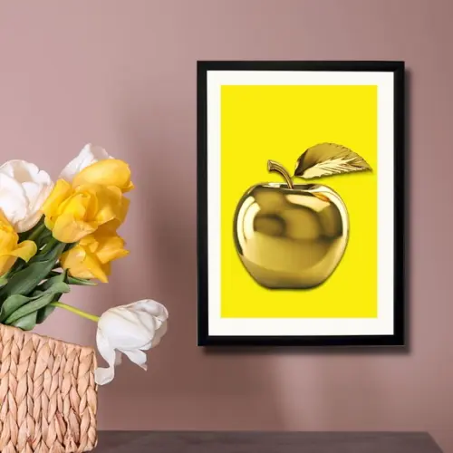 Quadro de Frutas Maça Dourada para Cozinha 33x43 c/ Vidro
