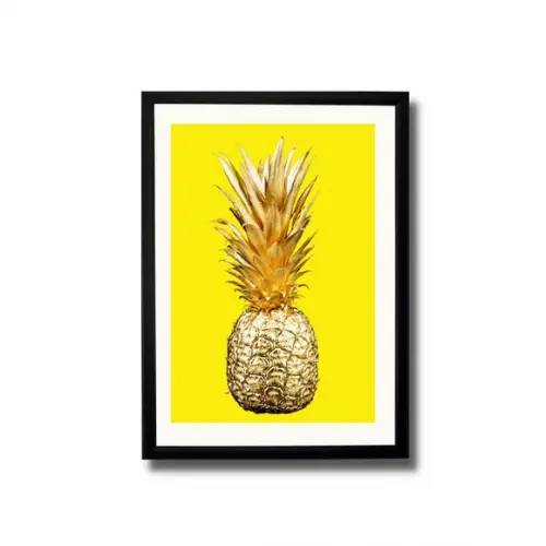 Quadro de Frutas Abacaxi Dourado Cozinha 33x43 c/ Vidro