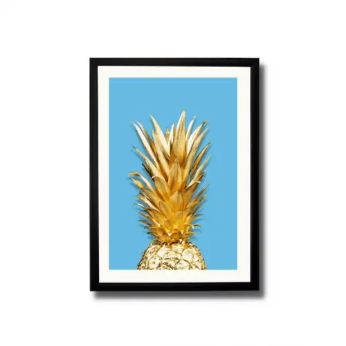 Quadro de Frutas para Cozinha Abacaxi Dourado 33x43 c/ Vidro