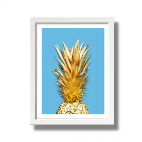Quadro de Frutas para Cozinha Abacaxi Dourado 33x43 c/ Vidro