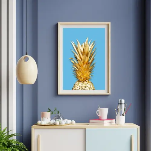 Quadro de Frutas para Cozinha Abacaxi Dourado 33x43 c/ Vidro