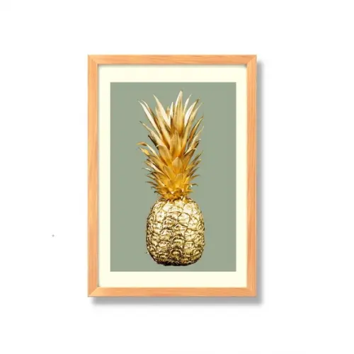 Quadro de Frutas para Cozinha Abacaxi Dourado 33x43 cm