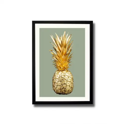 Quadro de Frutas para Cozinha Abacaxi Dourado 33x43 cm