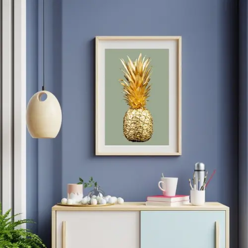 Quadro de Frutas para Cozinha Abacaxi Dourado 33x43 cm