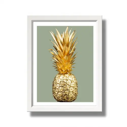 Quadro de Frutas para Cozinha Abacaxi Dourado 33x43 cm