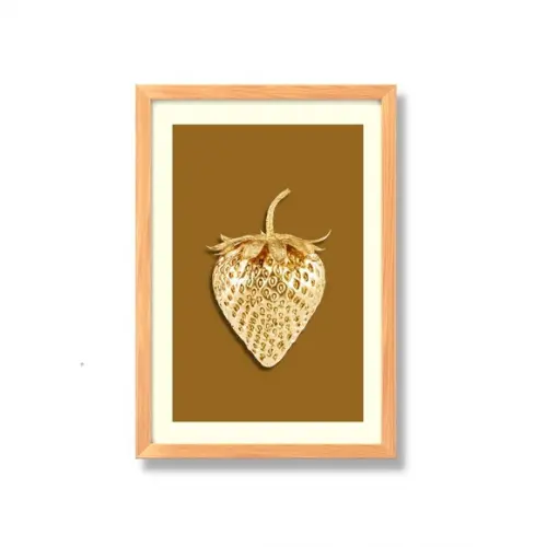 Quadro de Frutas para Cozinha Morango Dourado 33x43 c/ Vidro
