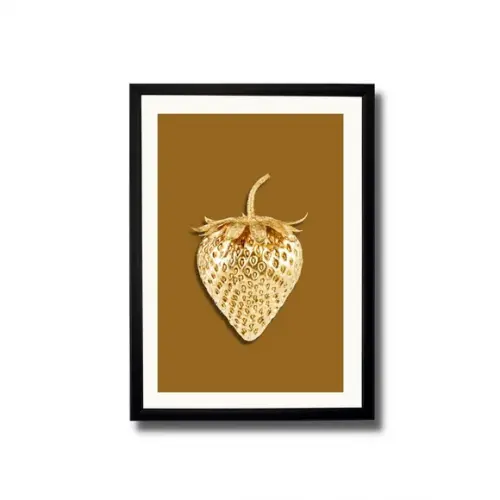 Quadro de Frutas para Cozinha Morango Dourado 33x43 c/ Vidro