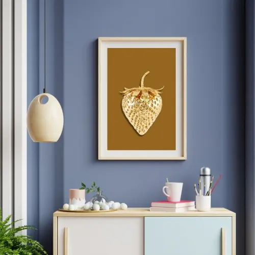Quadro de Frutas para Cozinha Morango Dourado 33x43 c/ Vidro