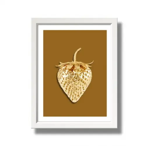 Quadro de Frutas para Cozinha Morango Dourado 33x43 c/ Vidro