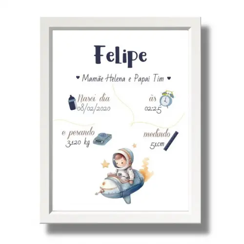 Quadro de Nascimento Azul Bebe Menino Moldura c Vidro 33x43
