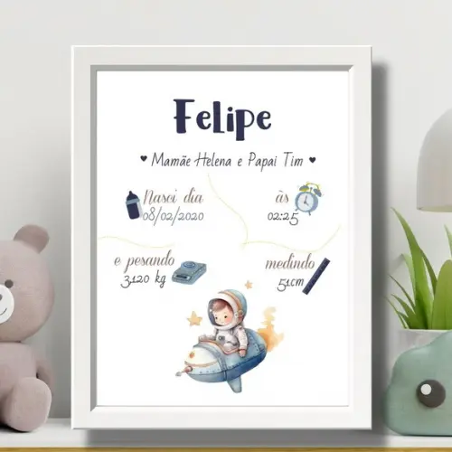 Quadro de Nascimento Azul Bebe Menino Moldura c Vidro 33x43