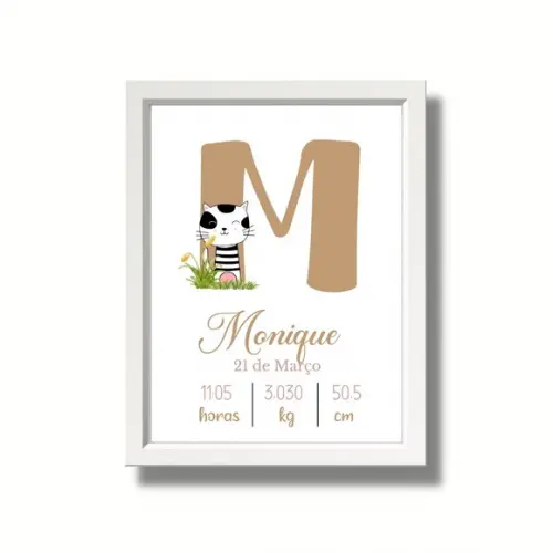 Quadro de Nascimento Bebe Menina Gatinha com Vidro 33x43cm