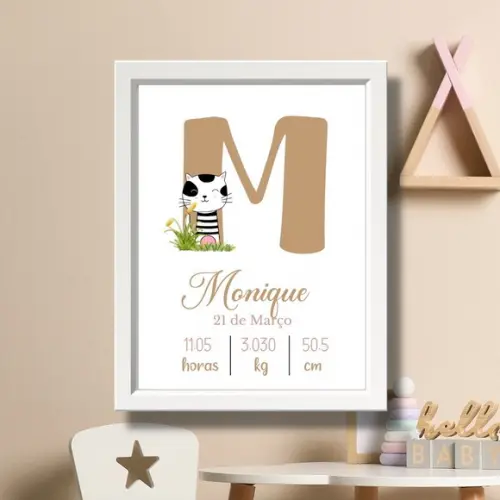 Quadro de Nascimento Bebe Menina Gatinha com Vidro 33x43cm