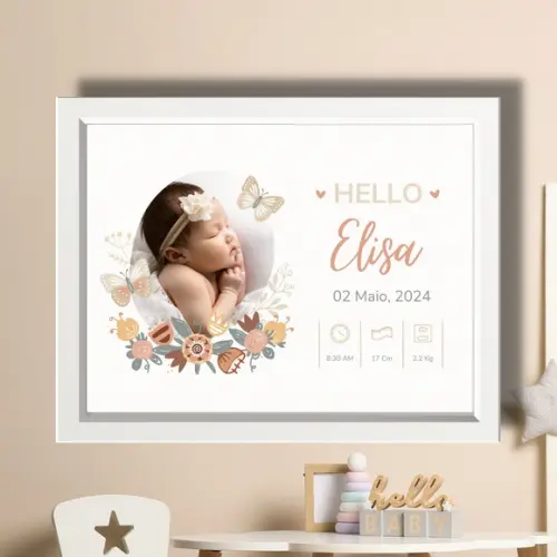 Quadro de Nascimento Informações do Bebe Rosa c Vidro 33x43
