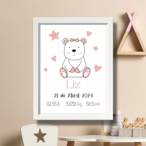 Quadro de Nascimento Maternidade Menina Urso Cor Rosa 33x43