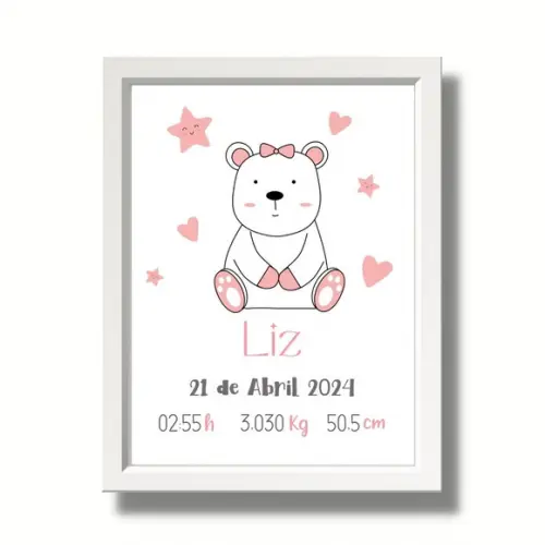 Quadro de Nascimento Maternidade Menina Urso Cor Rosa 33x43