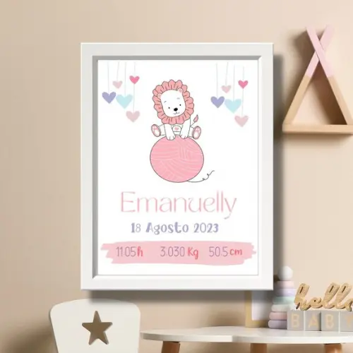 Quadro de Nascimento Quarto de Bebe Menina Leao Rosa 33x43