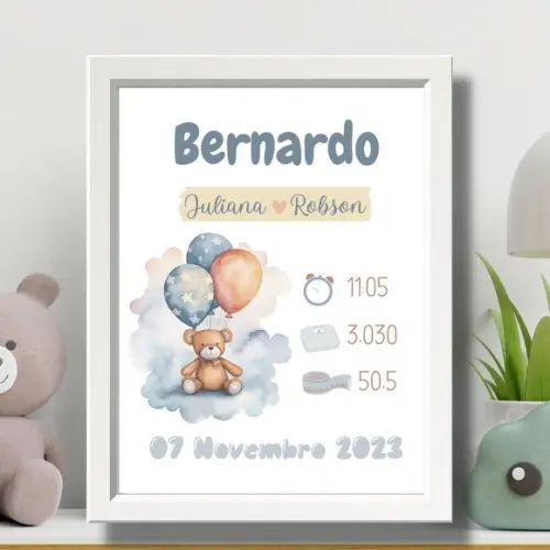 Quadro de Nascimento Quarto de Bebe Azul Menino 33x43 cm