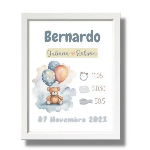 Quadro de Nascimento Quarto de Bebe Azul Menino 33x43 cm
