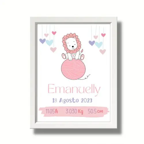 Quadro de Nascimento Quarto de Bebe Menina Leao Rosa 33x43