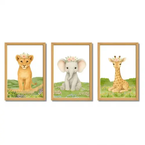 Quadro Decorativo Animais Quarto de Bebê Feminino com Vidro
