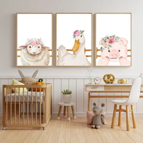 Quadro Decorativo Bebe Fazendinha Menina Moldura 33x43cm