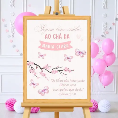 Quadro Decorativo Chá de Bebê Rosa Bem-vindas Personalizado