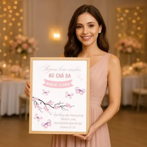 Quadro Decorativo Chá de Bebê Rosa Bem-vindas Personalizado