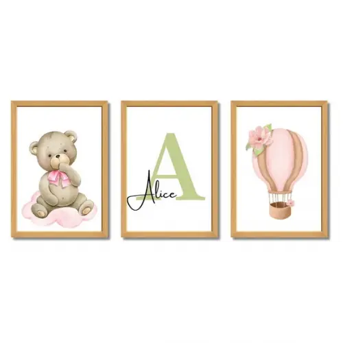 Quadro Decorativo Feminino Bebê Personalizado Balão Ursa