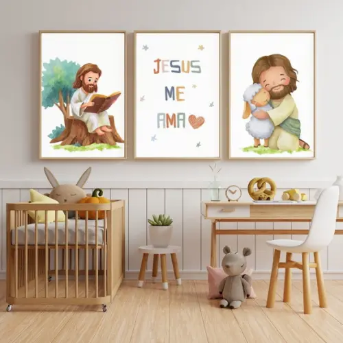 Quadro Decorativo Infantil Bíblico Jesus Aquarela para Bebê