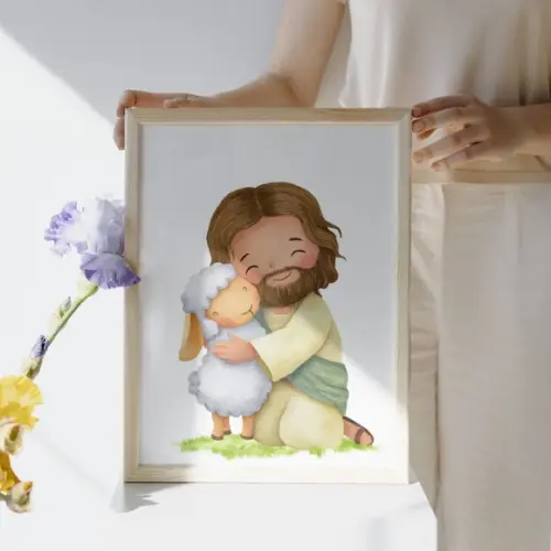 Quadro Decorativo Infantil Bíblico Jesus Aquarela para Bebê