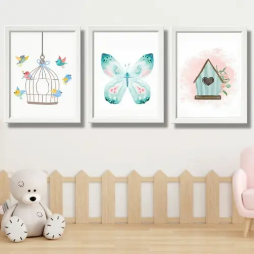 Quadro Decorativo Infantil Borboleta Passaros 33x43 cm