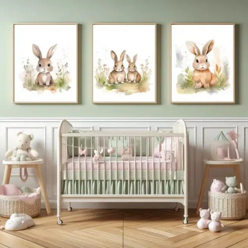 Quadro Decorativo Infantil Coelho Quarto de Bebê com Vidro