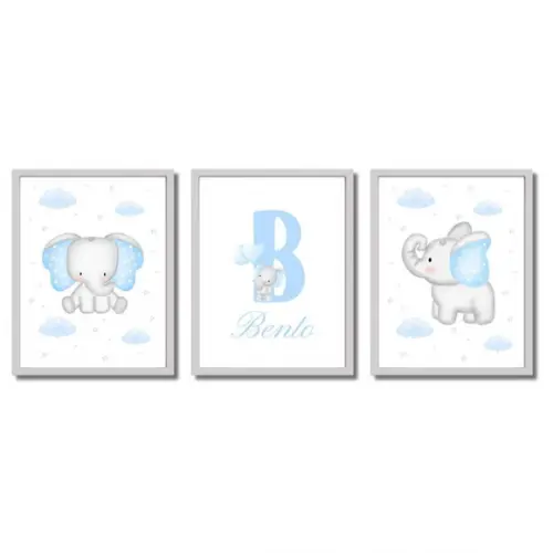 Quadro Decorativo Infantil Elefante Azul Bebê Personalizado