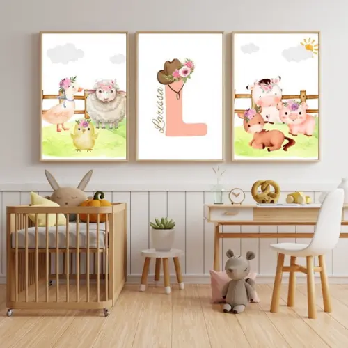 Quadro Decorativo Infantil Feminino Fazendinha Nome 33x43 cm