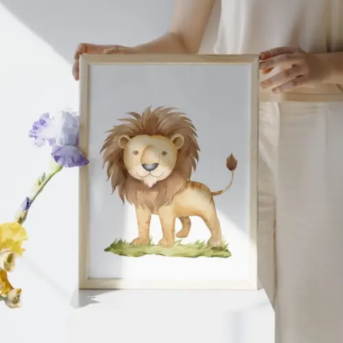 Quadro Decorativo Infantil Leão Peça Única Moldura 33x43