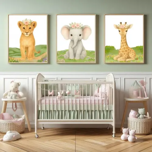 Quadro Decorativo Infantil Moldura e Vidro Feminino Safari